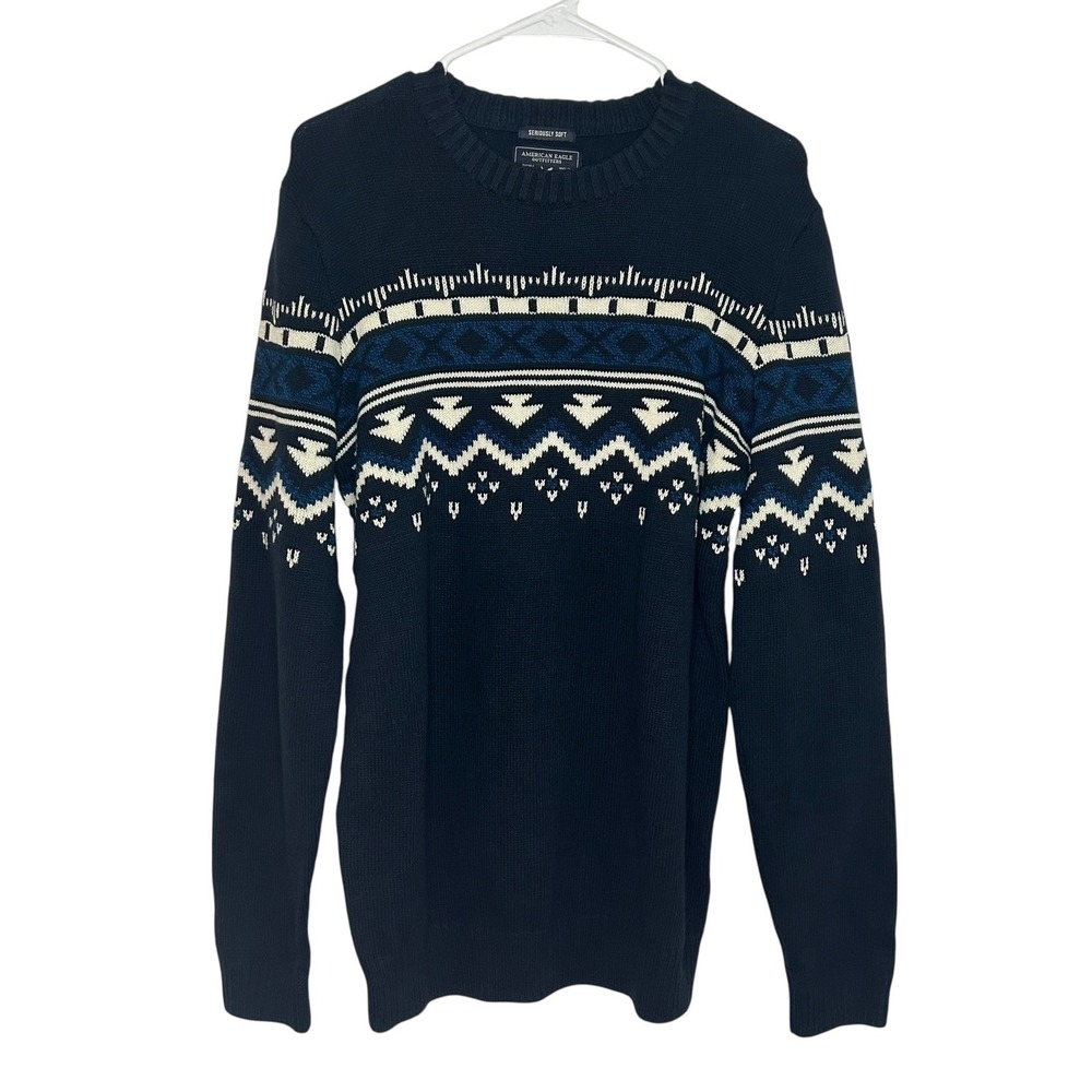 American Eagle Men's Medium Tall Fair Isle Crewneck Sweater Navy Seriously Soft